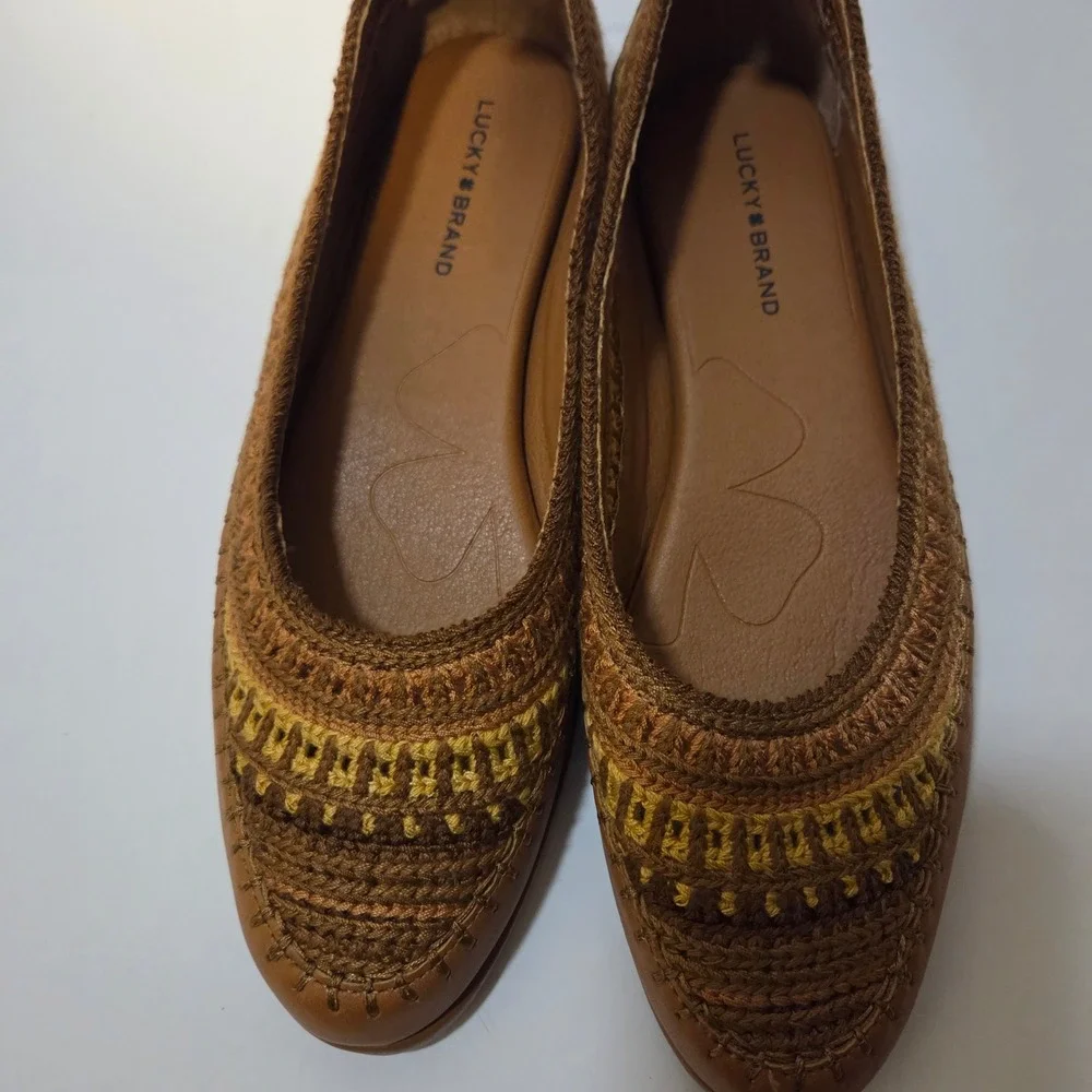 Lucky Brand Wylly Crochet Ballet Flats Tan Leather Woven Boho Shoes 9.5M